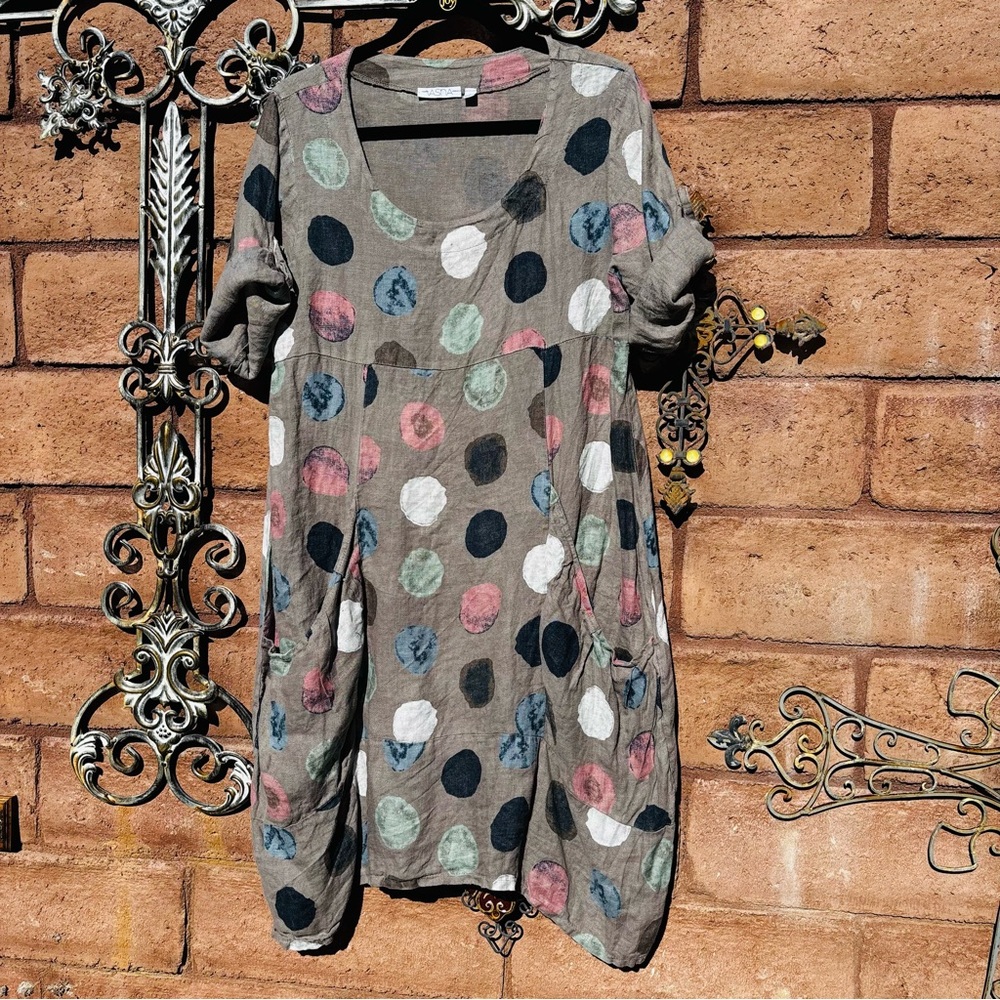 Vasna Linen Midi Dress Polka Dot Lagenlook Sz Small Pockets Short Sleeve Italy